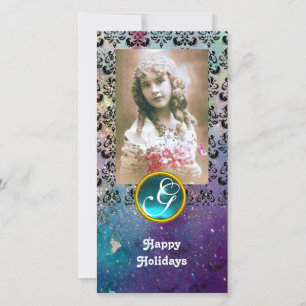 ZWARTE EN BLAUWE DAMASK Aquamarine-monogram Feestdagenkaart