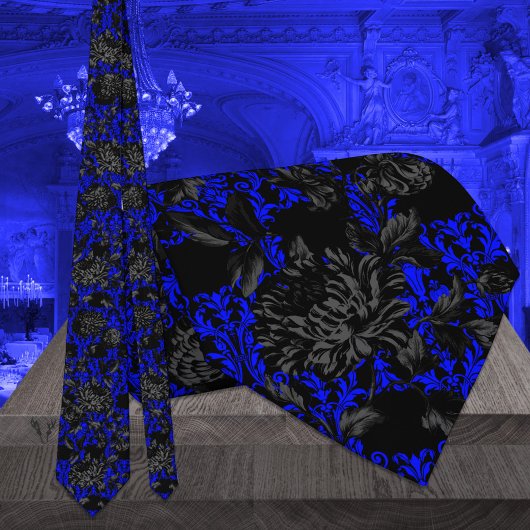 Zwarte en blauwe Floral Damask Gothic Wedding Stropdas