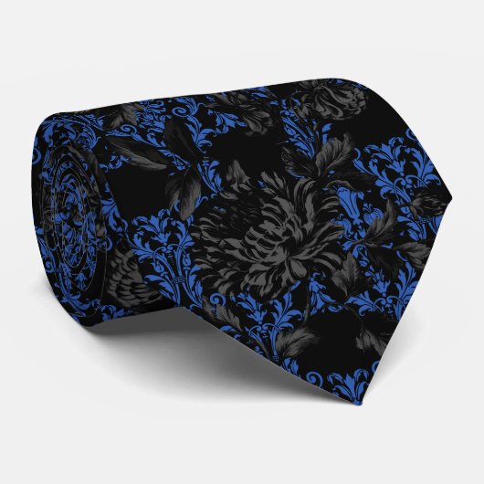Zwarte en blauwe Floral Damask Gothic Wedding Stropdas (Opgerold)