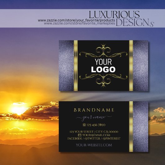 Zwarte en blauwe Glitter Gold Decor Border met Log Visitekaartje