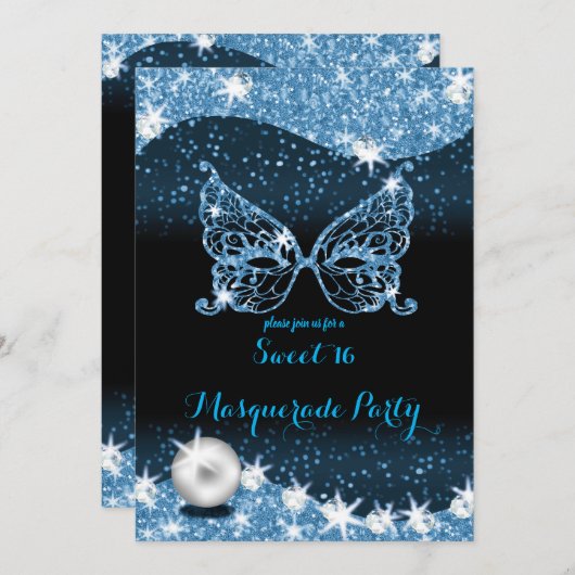 zwarte en blauwe maskerade zoete 16 met glitter kaart (Voorkant / Achterkant)
