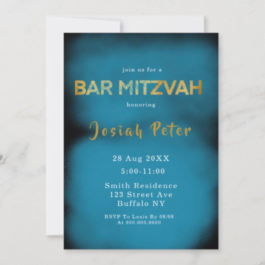 Zwarte en blauwe roke Bar Mitzvah-uitnodigingen (Voorkant)
