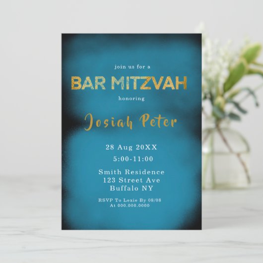 Zwarte en blauwe roke Bar Mitzvah-uitnodigingen (Staand voorkant)