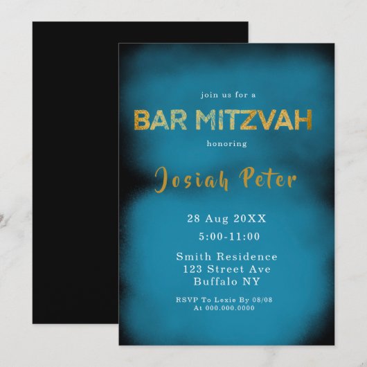 Zwarte en blauwe roke Bar Mitzvah-uitnodigingen (Voorkant / Achterkant)