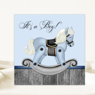 Zwarte en blauwe schommelpaard baby shower kaart