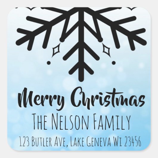 Zwarte en blauwe sneeuwvlok, speciaal voor kerstmi vierkante sticker (Voorkant)