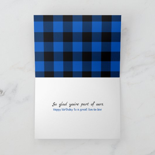 Zwarte en blauwe spelige schoonzoon-op-doosdagkaar kaart (Binnen)