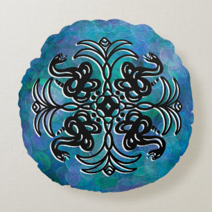 Zwarte en Blauwe Tribale Snake Mandala Rond Kussen