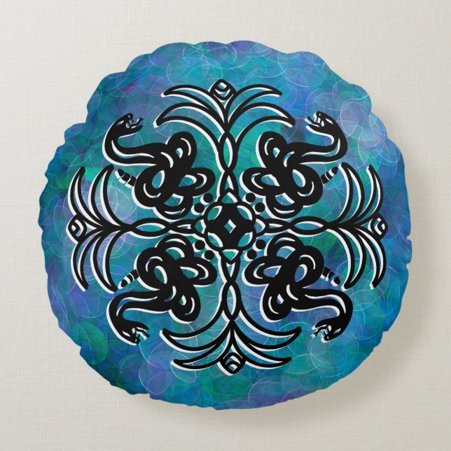Zwarte en Blauwe Tribale Snake Mandala Rond Kussen (Voorkant)