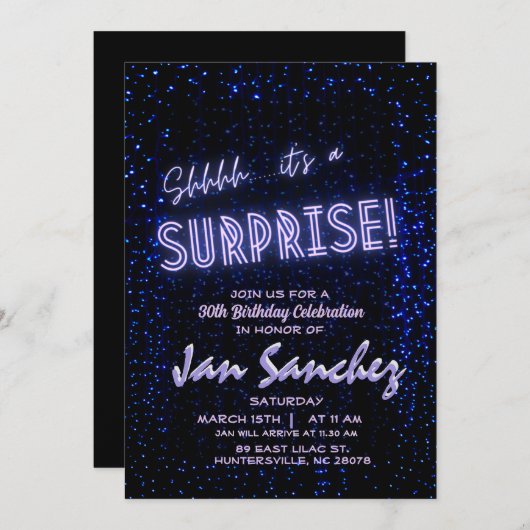 Zwarte en blauwe verrassingsuitnodiging met QR-cod Kaart (Voorkant / Achterkant)