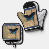  zwarte en blauwe vlinder ovenwant & pannenlap set (Voorkant / Achterkant)