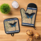  zwarte en blauwe vlinder ovenwant & pannenlap set (Top down)