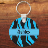 Zwarte en blauwe zebra gestreepte gepersonaliseerd sleutelhanger (Voorkant)