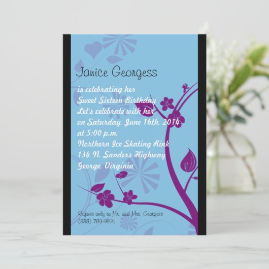 ZWARTE EN BLAUWE zestien uitnodiging (Staand voorkant)