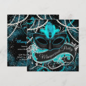 Zwarte en Blauwgroen Blue Masquerade Party Kaart (Voorkant / Achterkant)