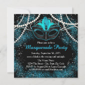 Zwarte en Blauwgroen Blue Masquerade Party Kaart (Achterkant)