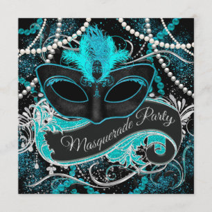 Zwarte en Blauwgroen Blue Masquerade Party Kaart