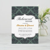 Zwarte en Blauwgroen Damask Wedding Rehearsal Dinn Kaart (Staand voorkant)