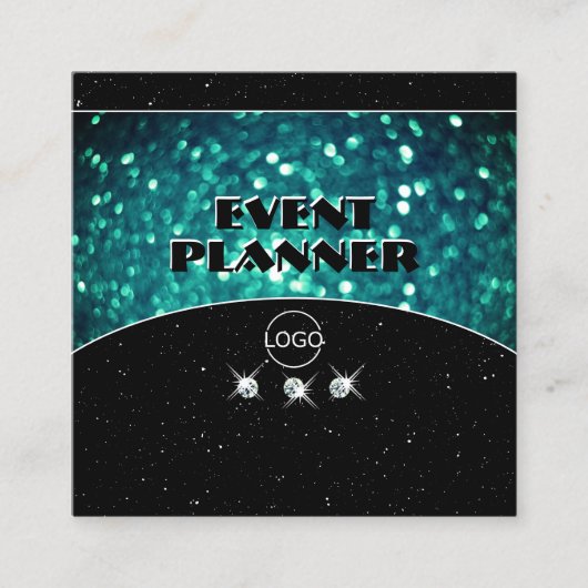 Zwarte en Blauwgroen mousserende glitter met Logo Vierkante Visitekaartje (Voorkant)