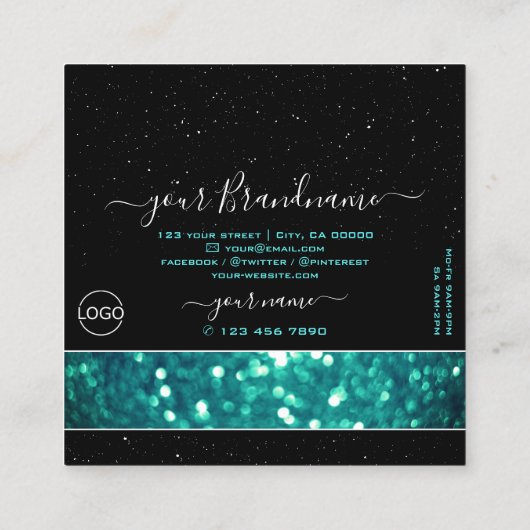 Zwarte en Blauwgroen mousserende glitter met Logo Vierkante Visitekaartje (Achterkant)