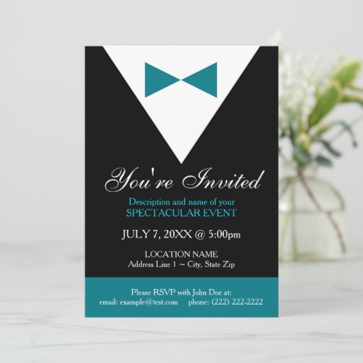 Zwarte en Blauwgroen Tuxedo Formele Uitnodiging, M Kaart (Staand voorkant)