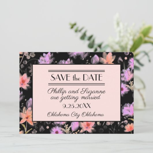 Zwarte en Blush Floral sparen de Datum Kaart (Staand voorkant)