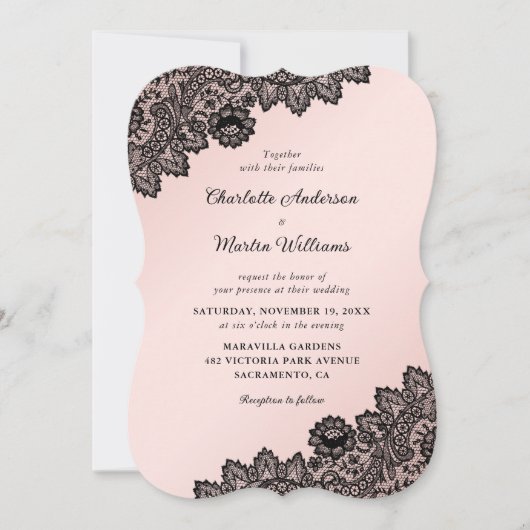 Zwarte en Blush Pink  Floral Lace Wedding Kaart (Voorkant)