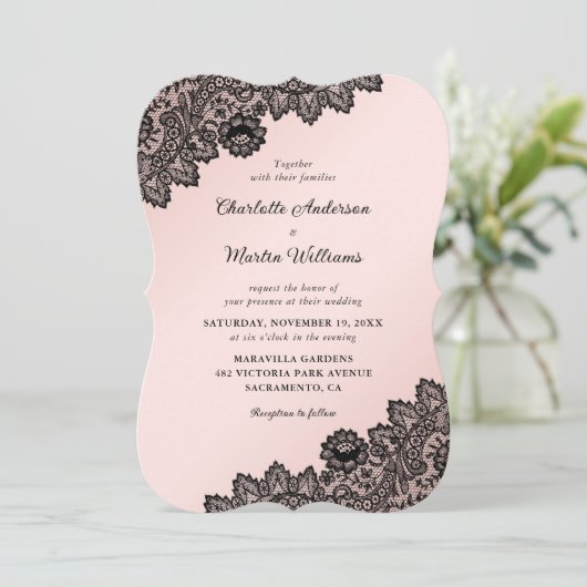 Zwarte en Blush Pink  Floral Lace Wedding Kaart (Staand voorkant)