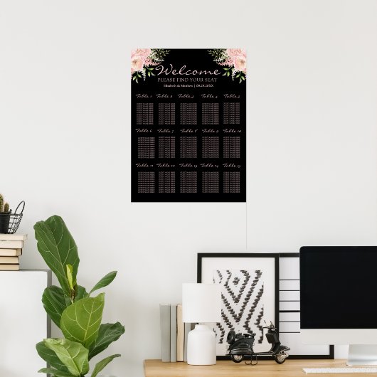 Zwarte en Blush Pink Floral Wedding Seating Chart Poster (Thuiskantoor)