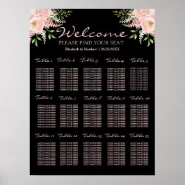 Zwarte en Blush Pink Floral Wedding Seating Chart Poster