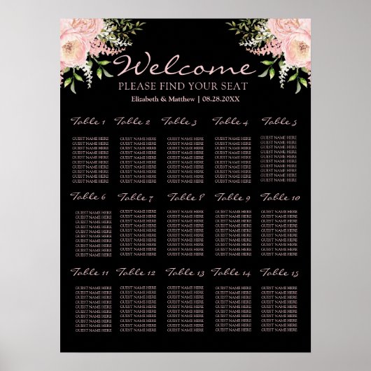 Zwarte en Blush Pink Floral Wedding Seating Chart Poster (Voorkant)