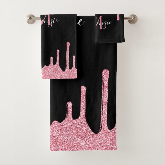 Zwarte en Blush Roze Glitter Sparkle Drips Bad Handdoek (Insitu)