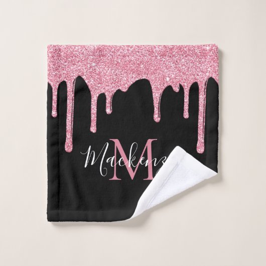 Zwarte en Blush Roze Glitter Sparkle Drips Bad Handdoek (Wasdoekje)