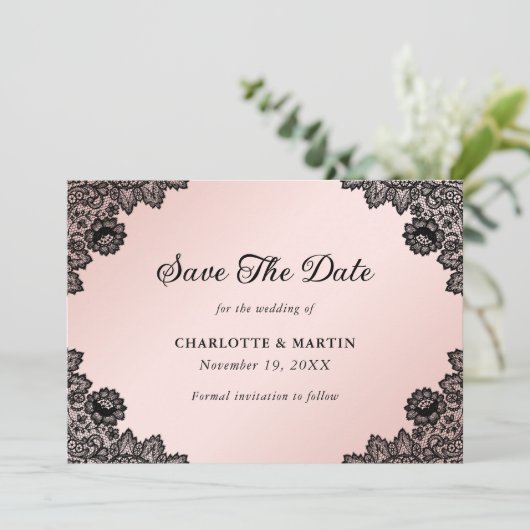 Zwarte en Blush Rustieke Bloemen Kant Trouwen Save The Date (Staand voorkant)