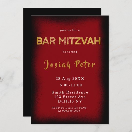 Zwarte en Bourgogne Roke Bar Mitzvah-uitnodigingen (Voorkant / Achterkant)