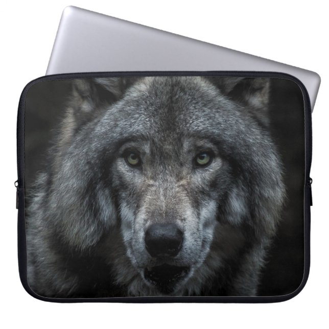 ZWARTE EN BROEIENDE WOLF-SCHIJVEN LAPTOP SLEEVE (Voorkant)