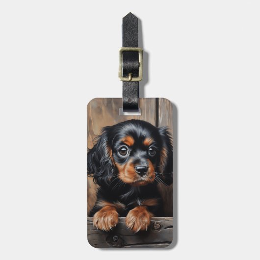 Zwarte en bruine Cavalier puppy Bagagelabel (Voorkant verticaal)