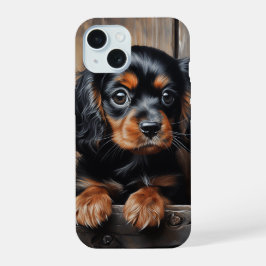 Zwarte en bruine Cavalier puppy iPhone 15 Case