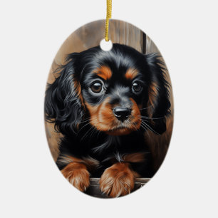 Zwarte en bruine Cavalier puppy Keramisch Ornament