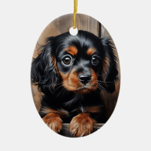 Zwarte en bruine Cavalier puppy Keramisch Ornament (Voorkant)
