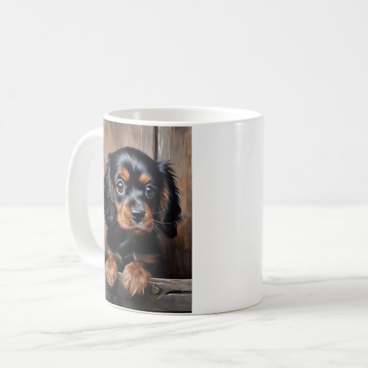 Zwarte en bruine Cavalier puppy Koffiemok (Voorkant links)