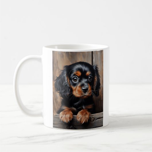 Zwarte en bruine Cavalier puppy Koffiemok (Links)