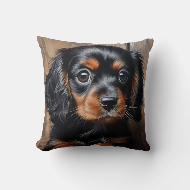 Zwarte en bruine Cavalier puppy Kussen (Voorkant)