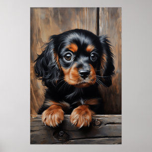 Zwarte en bruine Cavalier puppy Poster