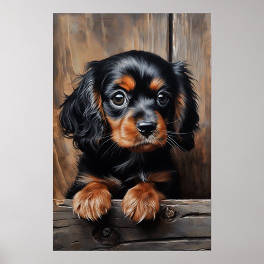 Zwarte en bruine Cavalier puppy Poster (Voorkant)