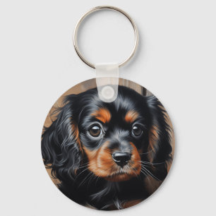Zwarte en bruine Cavalier puppy Sleutelhanger