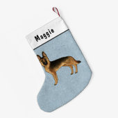 Zwarte en bruine Duitse herder hond staat op blauw Kleine Kerstsok (Achterkant (Hangend))