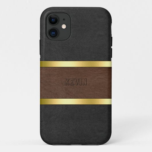 Zwarte en bruine lederen Gold-accessoires Case-Mate iPhone Case (Achterkant)