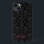 Zwarte en donkere grijze  Floral Damaskers iPhone 13 Hoesje<br><div class="desc">elegant floreel patroon in donkergrijze en zwarte monotonen.  monogram versie.</div>