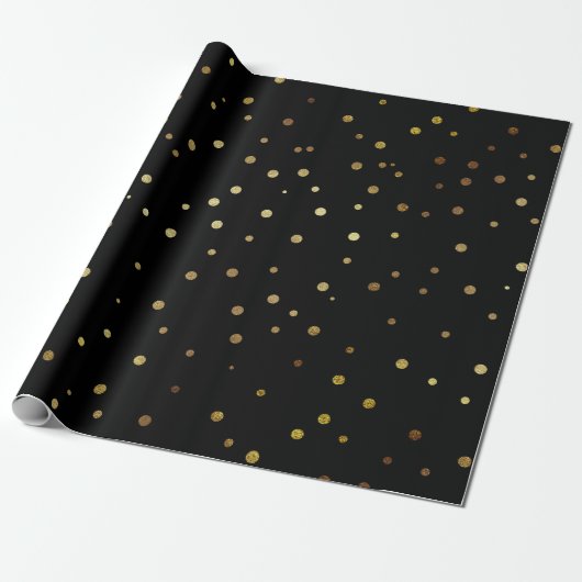 Zwarte en Faux Gold Cute Festive Confetti Cadeaupapier (Uitgerold)